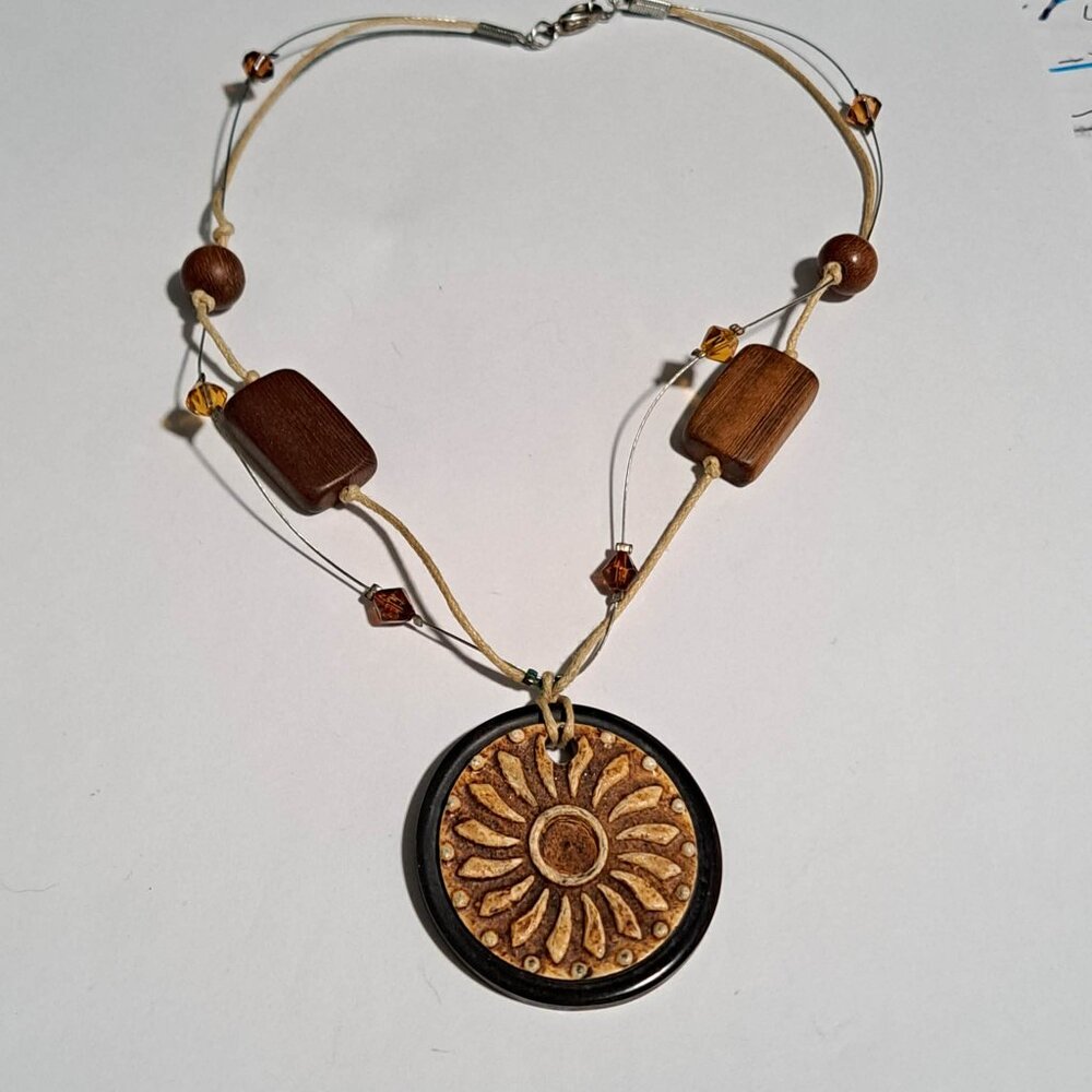 large sun flower pendant necklace with wooden and plastic  beads